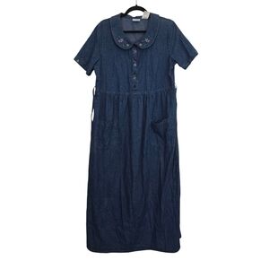 Bobbi Brooks Large 100% Cotton Denim Embroidered Flower Bee Maxi Dress Vintage